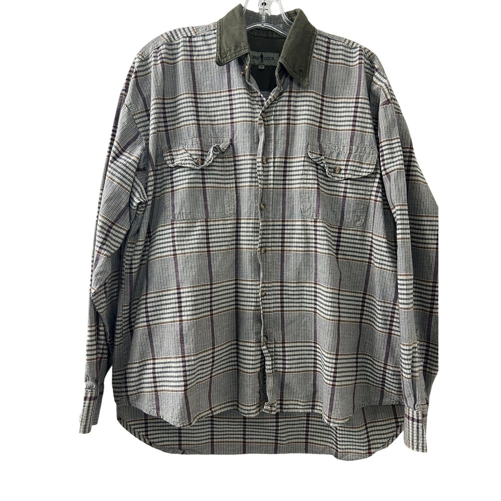 Robert Stock XL Plaid Button Down Shirt Corduroy Collar Brown Green‎ Long Slv